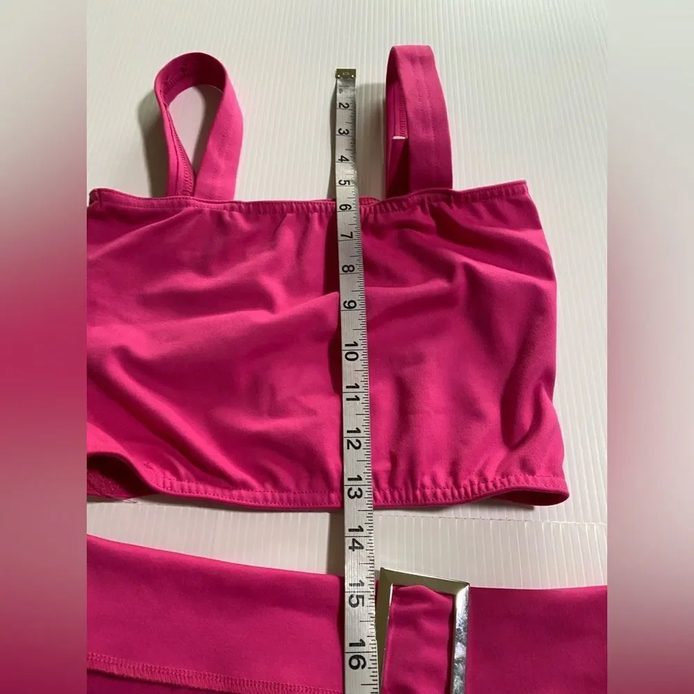 Kelle dance costume 2 piece hot pink top buckle shorts SA-Small adult